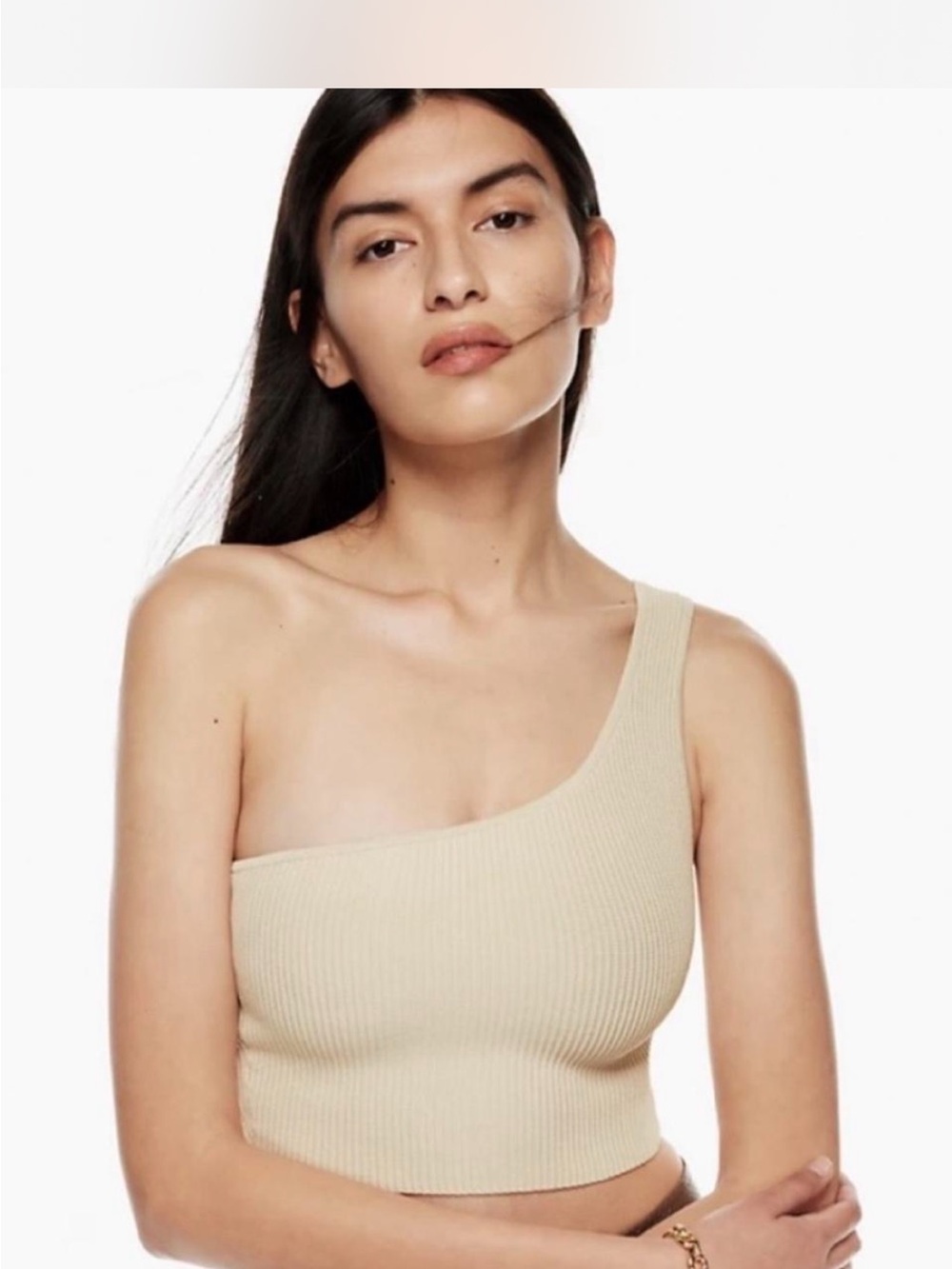 Babaton One-Shoulder Ribbed Crop Top in Beige